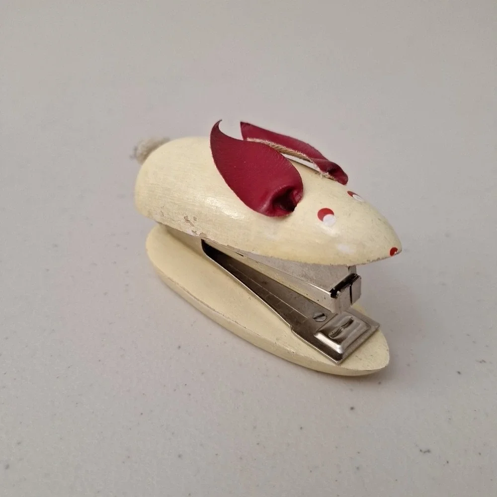 Vintage WOODEN MOUSE STAPLER 1950's Mid-Century Modern Leather Ears Painted